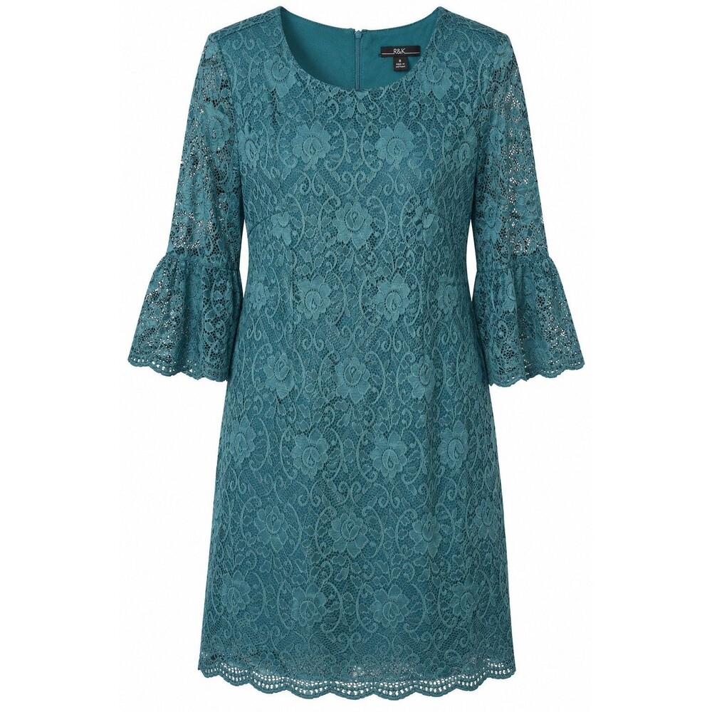 R&K Women’s 3/4 Bell Sleeve Lace Midi Zip Up Back Dress Green Size 8